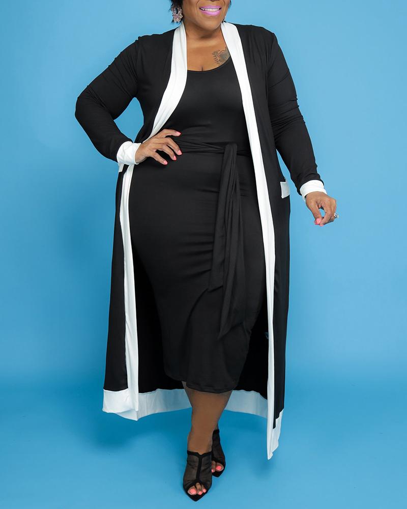 

Plus Size Tie Front Casual Dress & Striped Print Longline Cardigan Set, Black