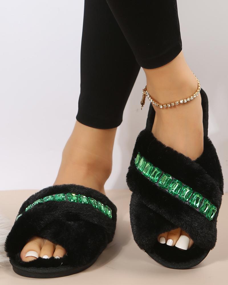 

Crystal Gem Stone Cross Strap Fuzzy Slippers, Black