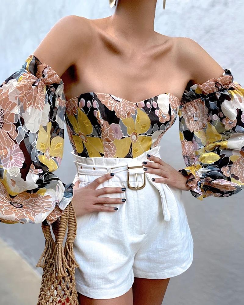 

Off Shoulder Floral / Tie Dye Print Lantern Sleeve Top, Yellow