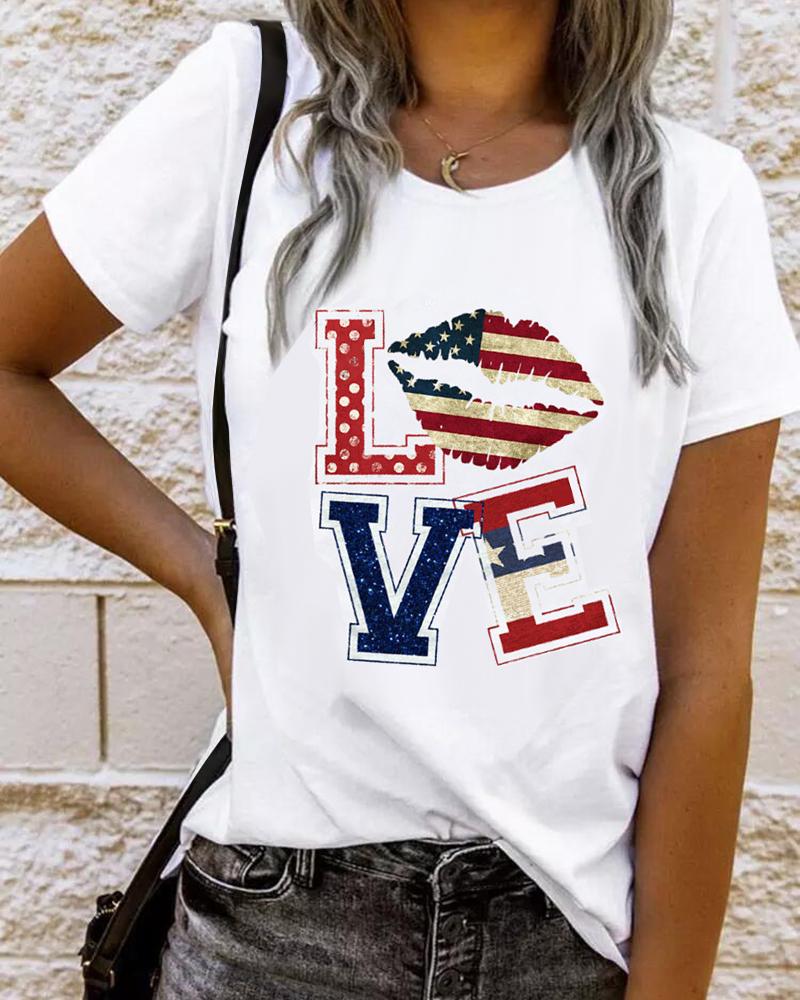 

Independence Day Flag Love Letter Print Casual T-shirt, White