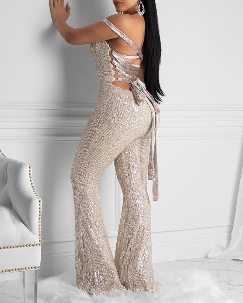 

Thick Strap Back Bandage Sequin Jumpsuit, Champagne