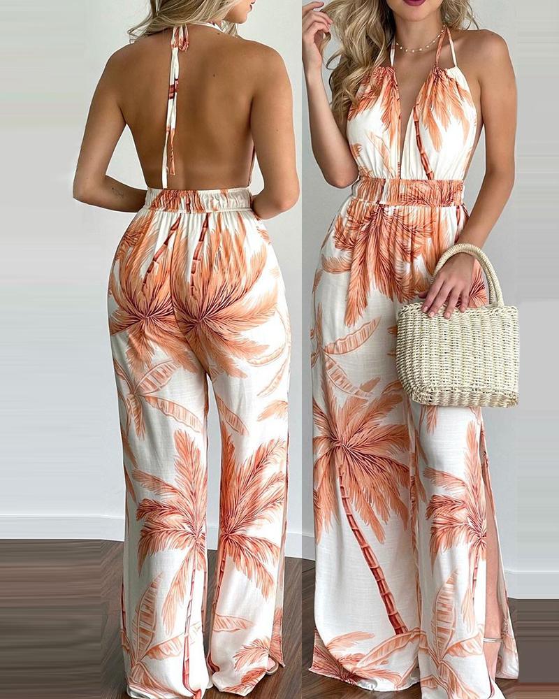 

Tropical Print Halter Backless Side Slit Jumpsuit, Orange