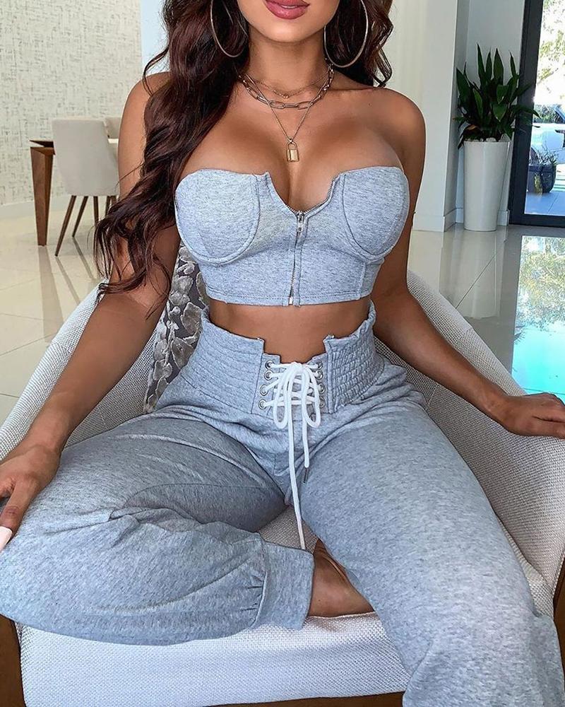 

Zipper Front Bandeau Top & Eyelet Lace-up Pants Set, Gray