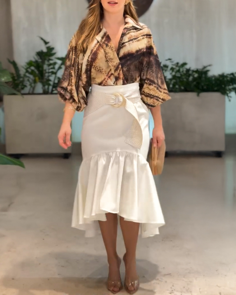 

Tie Dye Print Turn-down Collar Lantern Sleeve Loose Blouse Casual Top, Brown