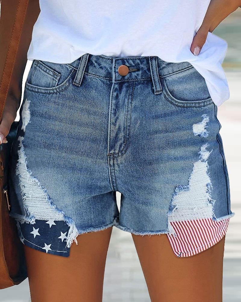 

Patchwork Zip Fly Ripped Raw Hem Denim Shorts, Blue