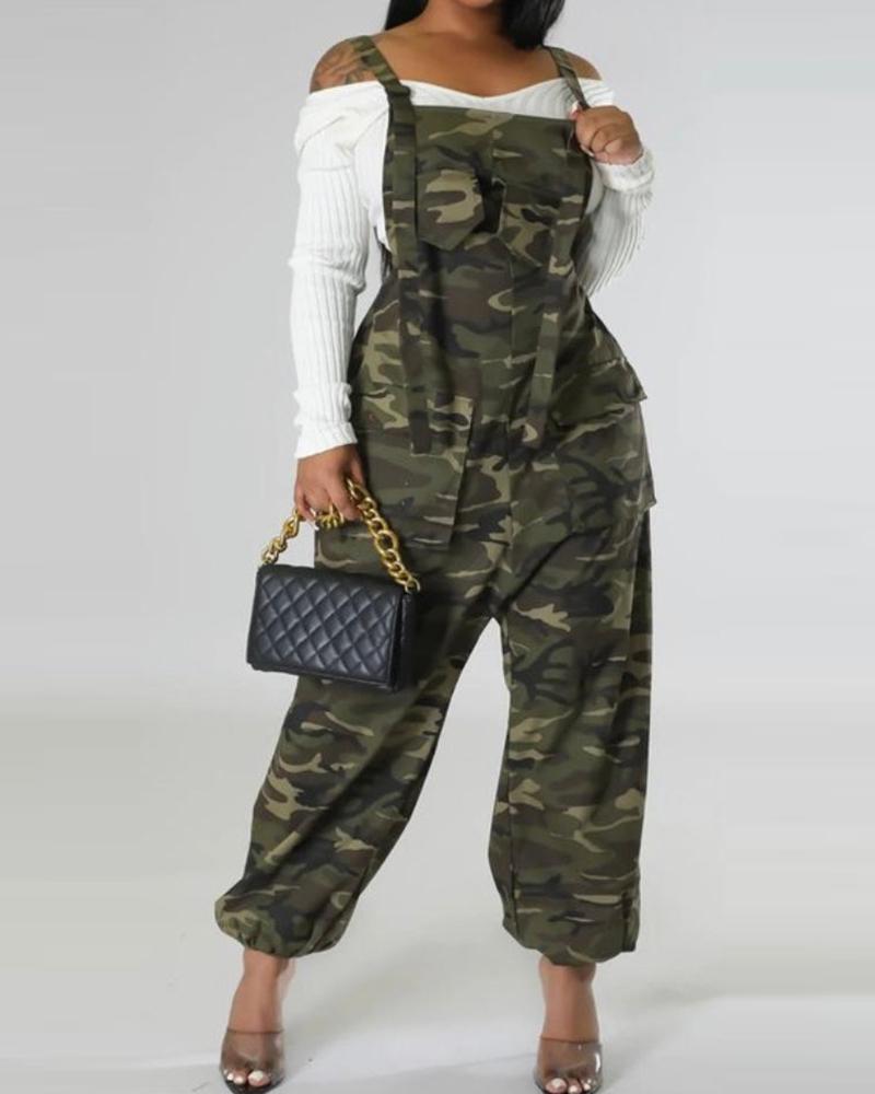 

Camouflage Print Cuffed Suspender Jumpsuit, Camoflage