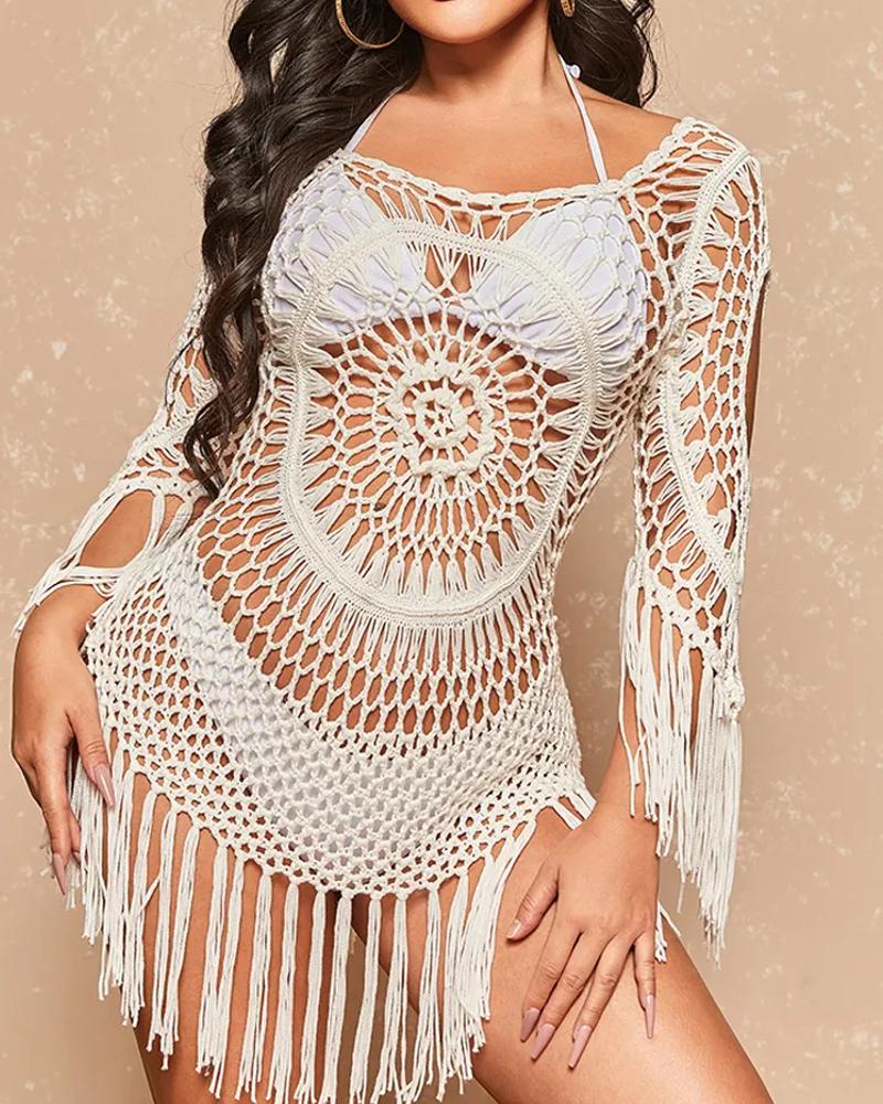 

Hollow Out Fringe Trim Crochet Cover Up, White