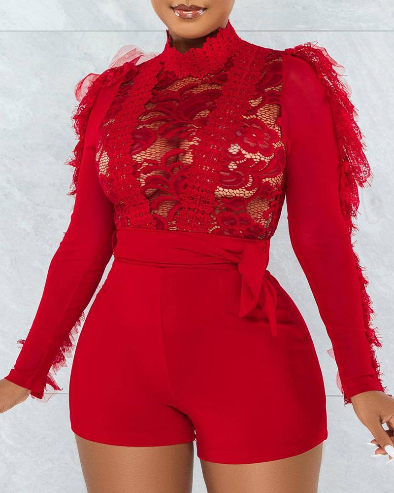 

Eyelash Crochet Lace Long Sleeve Sheer Mesh Bodysuit, Red