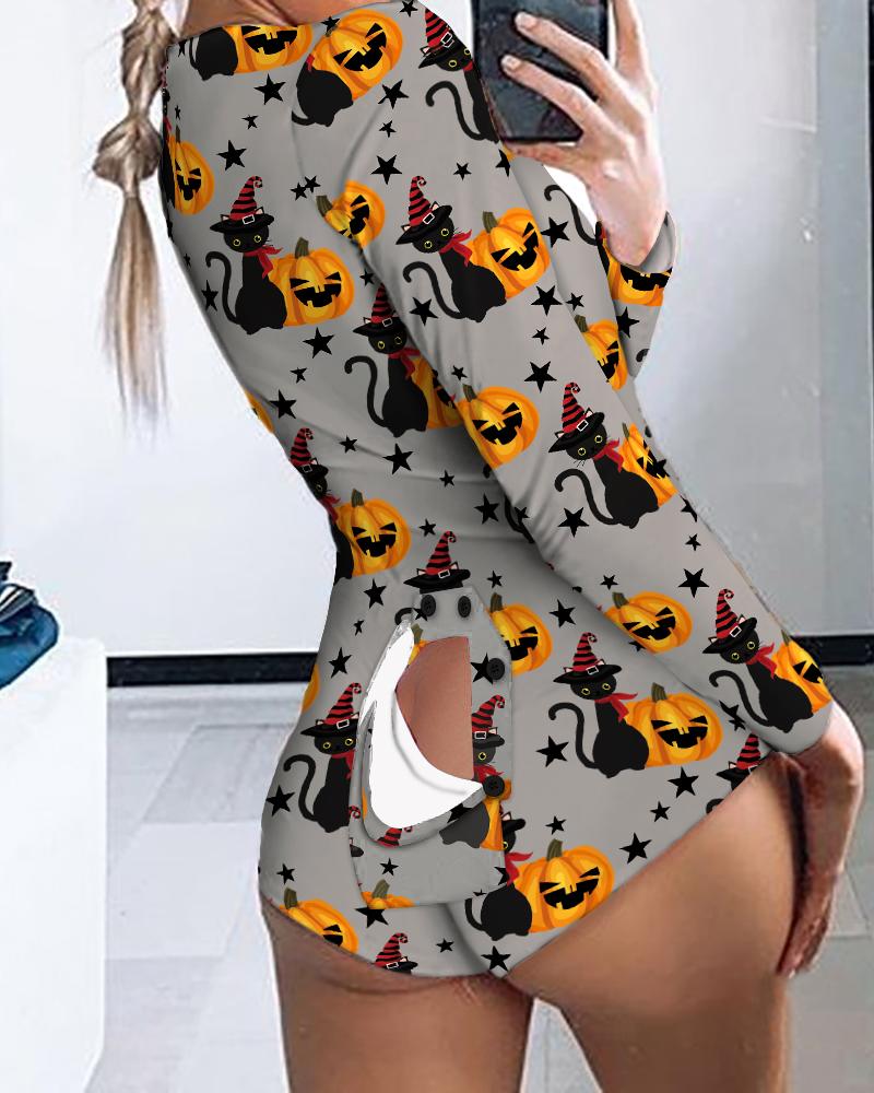 

Halloween Pumpkin Star Print Functional Button Design Adult Onesie, Gray