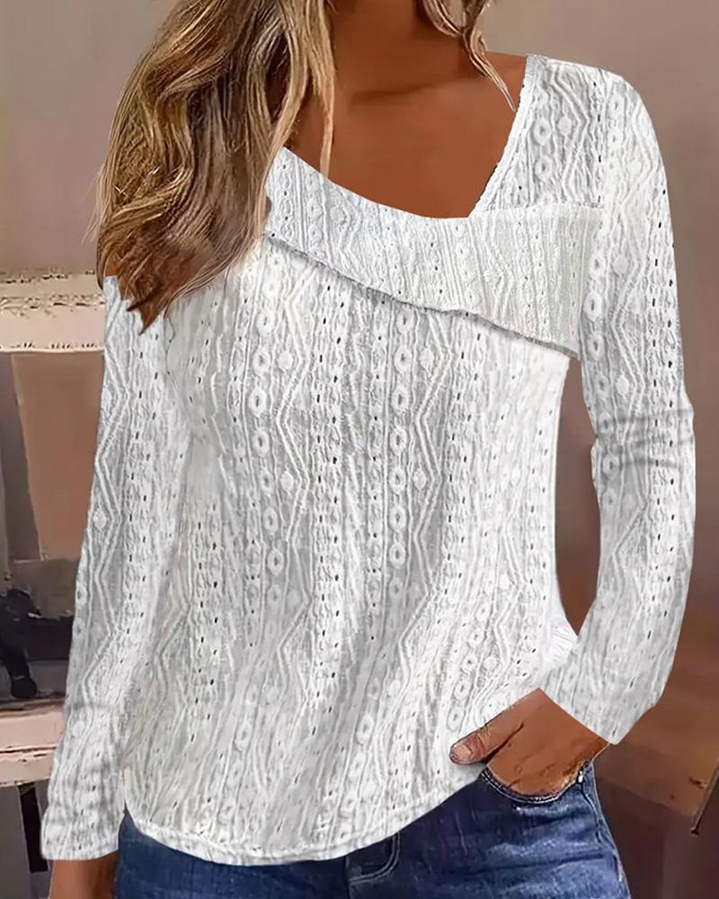 Asymmetrical Neck Eyelet Embroidery Casual Top