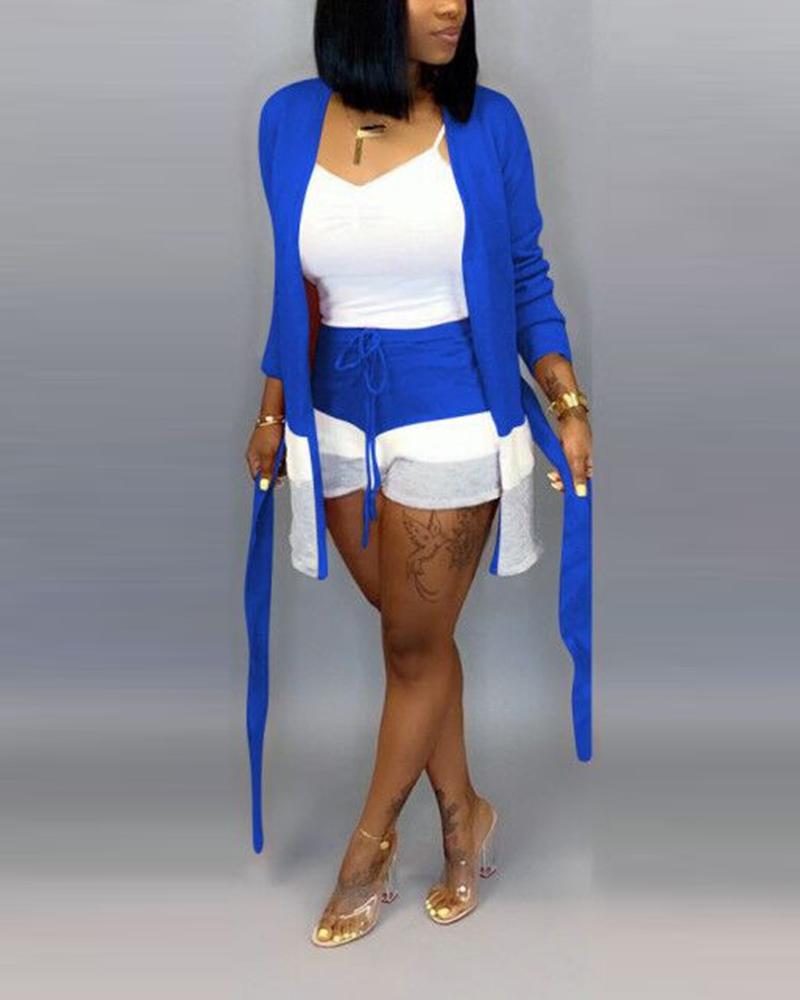 

Colorblock Open Front Tied Rib-knit Cardigan & Shorts Set, Blue