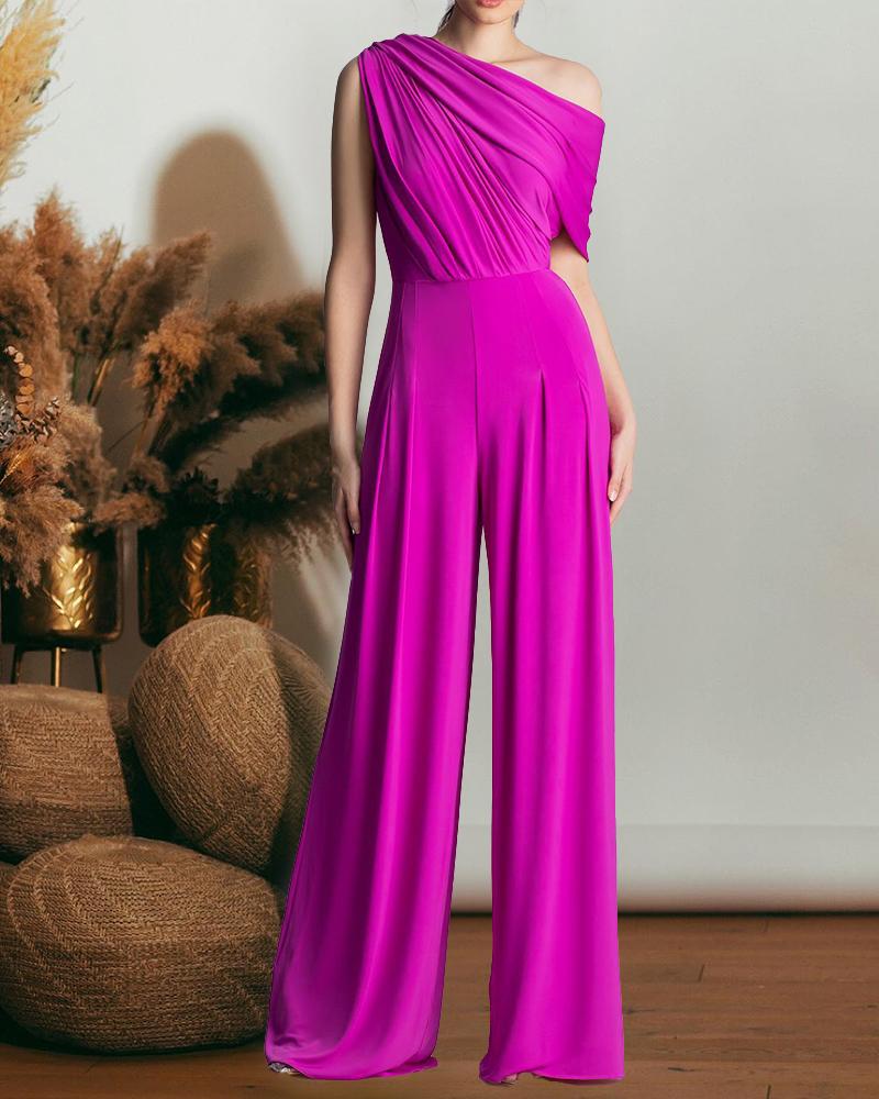 

Ruched Cold Shoulder Wide Leg Jumpsuit, Purple
