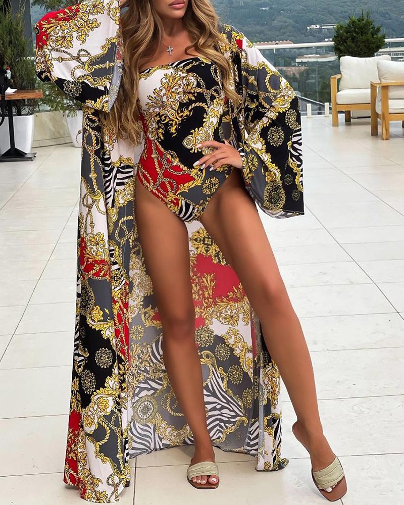 

Long Sleeve Baroque Print Cover Up Coat, Multicolor