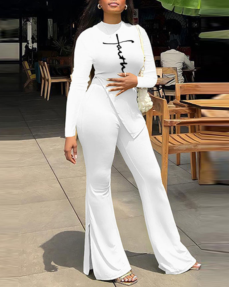 

Long Sleeve Letter Print Slit Top & Bootcut Pants Set, White