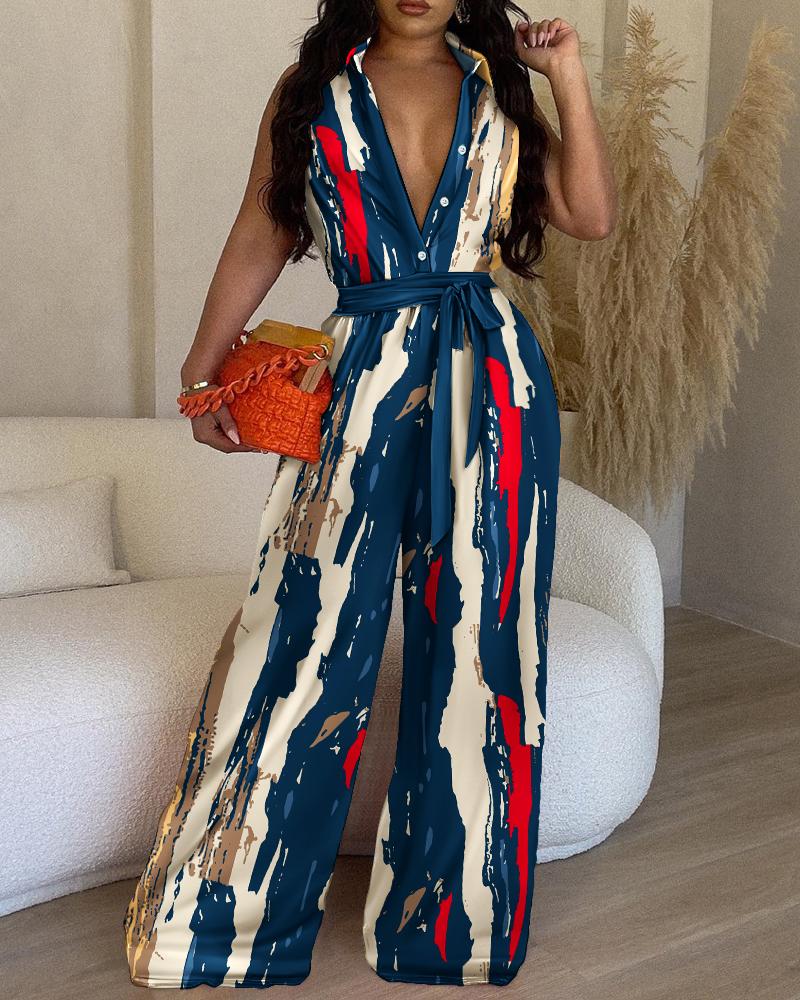 

Abstract Print Striped Buttoned Wide Leg Jumpsuit, Multicolor