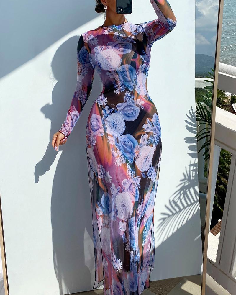 

Floral Print High Slit Cover Up Beach Dress, Multicolor