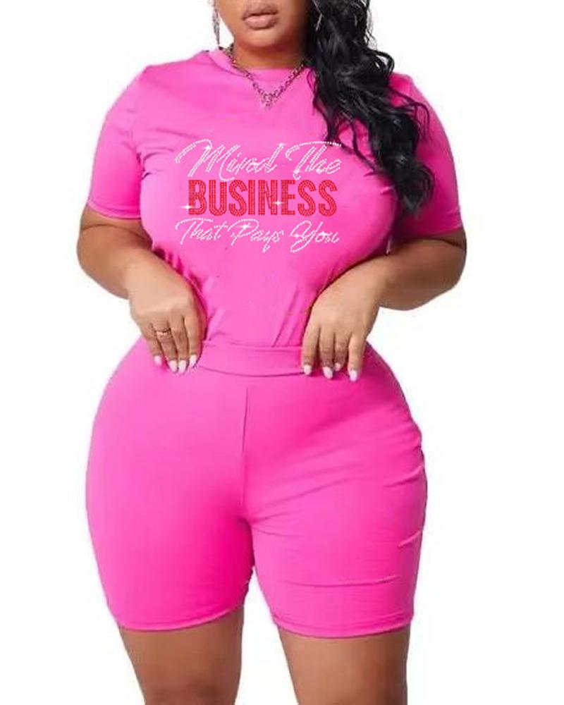 

Contrast Paneled Rhinestone Letter Pattern T-shirt & Shorts Set, Pink