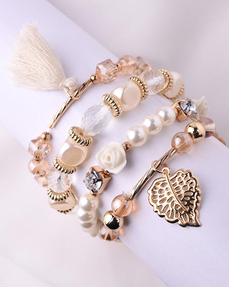 

4PCS/Set Floral Leaf Pattern Tassel Design Beaded Bracelets, Beige