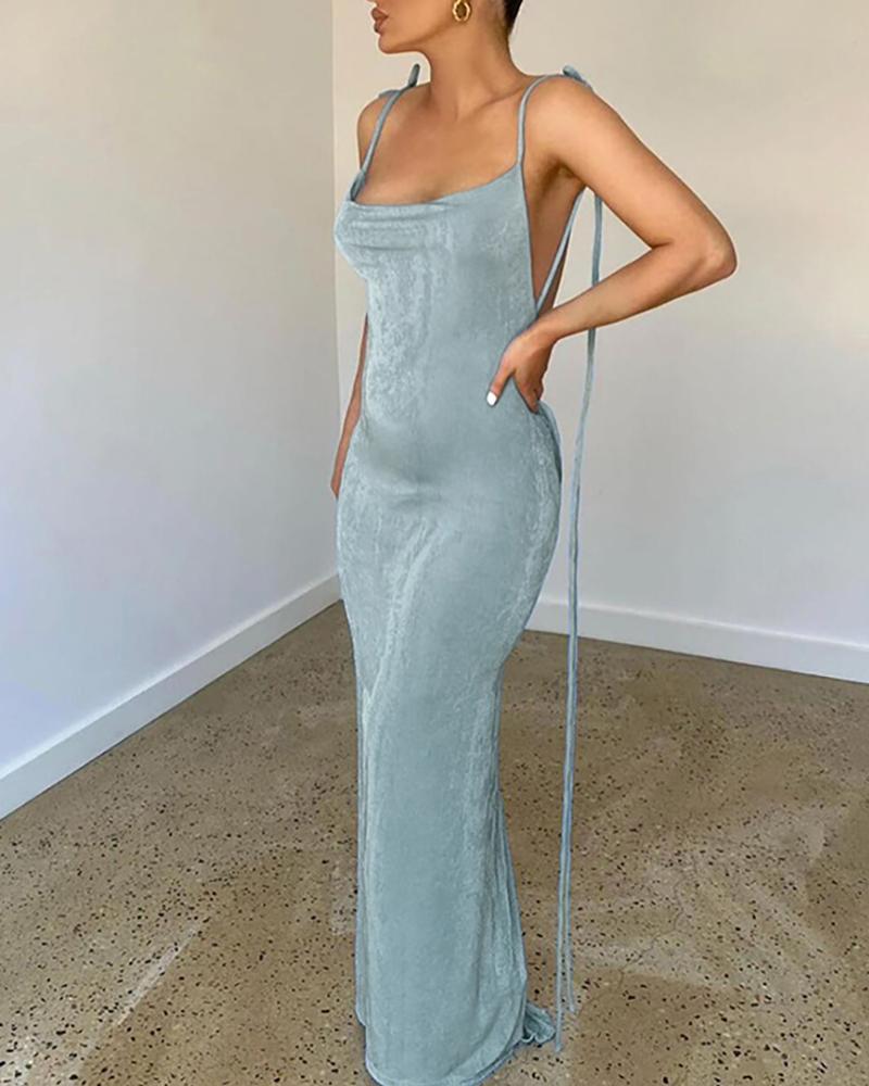 

Backless Velvet Ruched Sleeveless Evening Dress, Blue