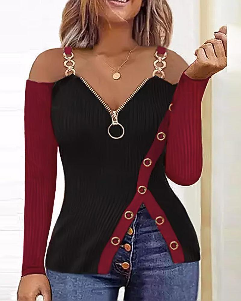 

Contrast Paneled Zip Detail Cold Shoulder Top, Black