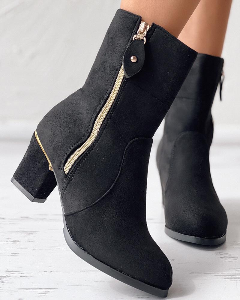 

Side Zipper Point Toe Chunky Heel Boots, Black
