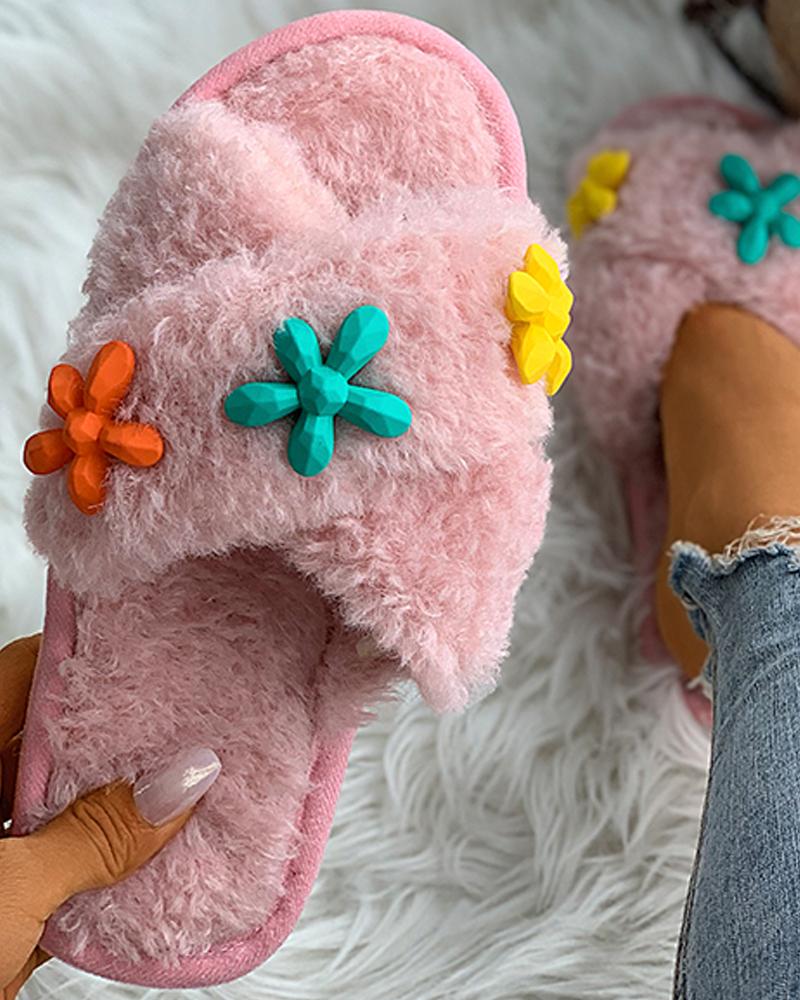 

Floral Pattern Crisscross Fluffy Slippers, Pink