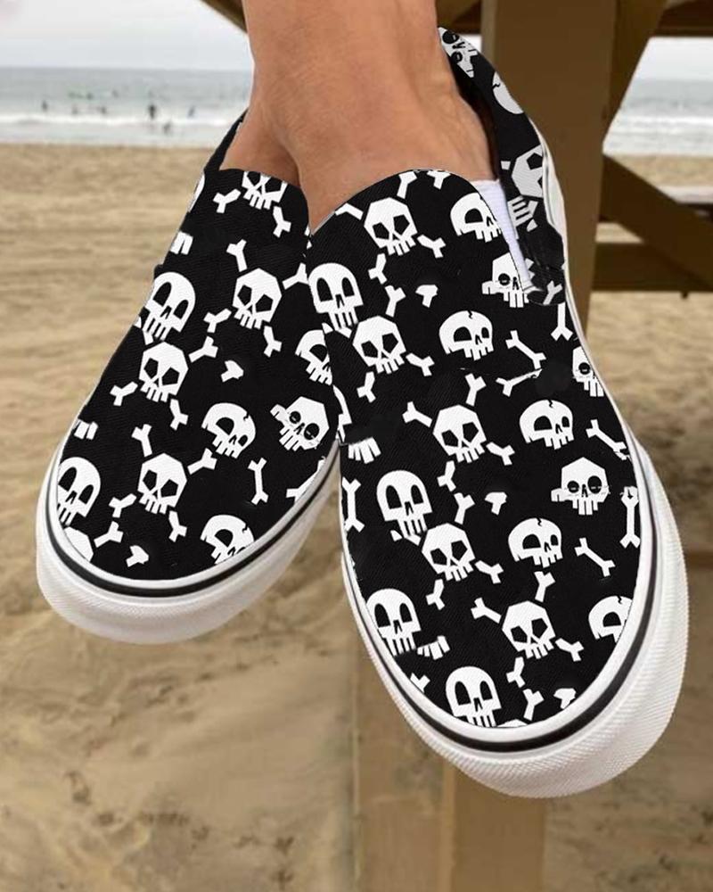 

Halloween Skull Print Canvas Slip On Shoes, Style2