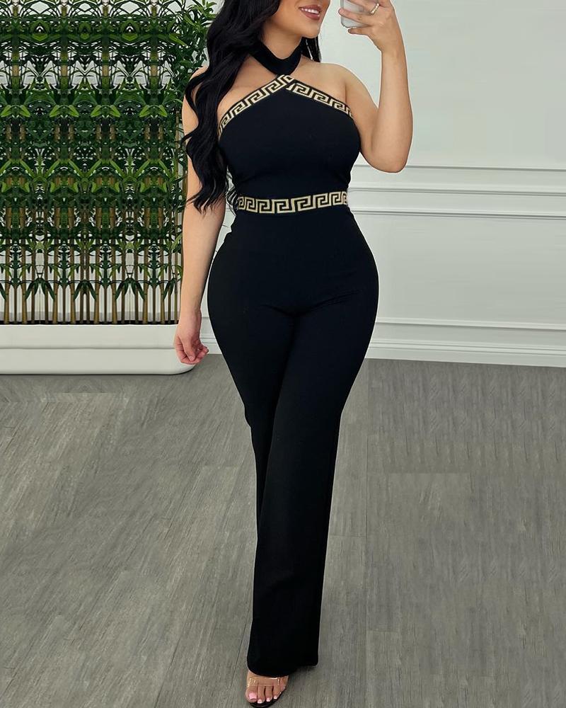

Geo Pattern Print Halter Sleeveless Jumpsuit, Black