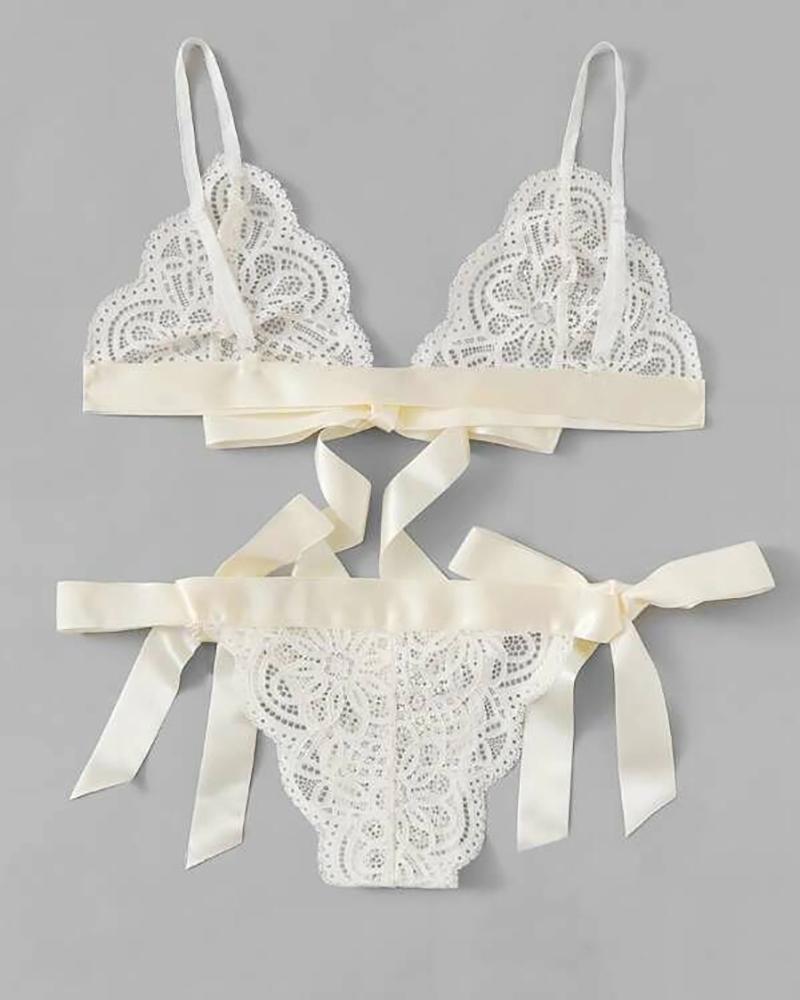 

Satin Tied Detail Crochet Lace Lingerie Set, White
