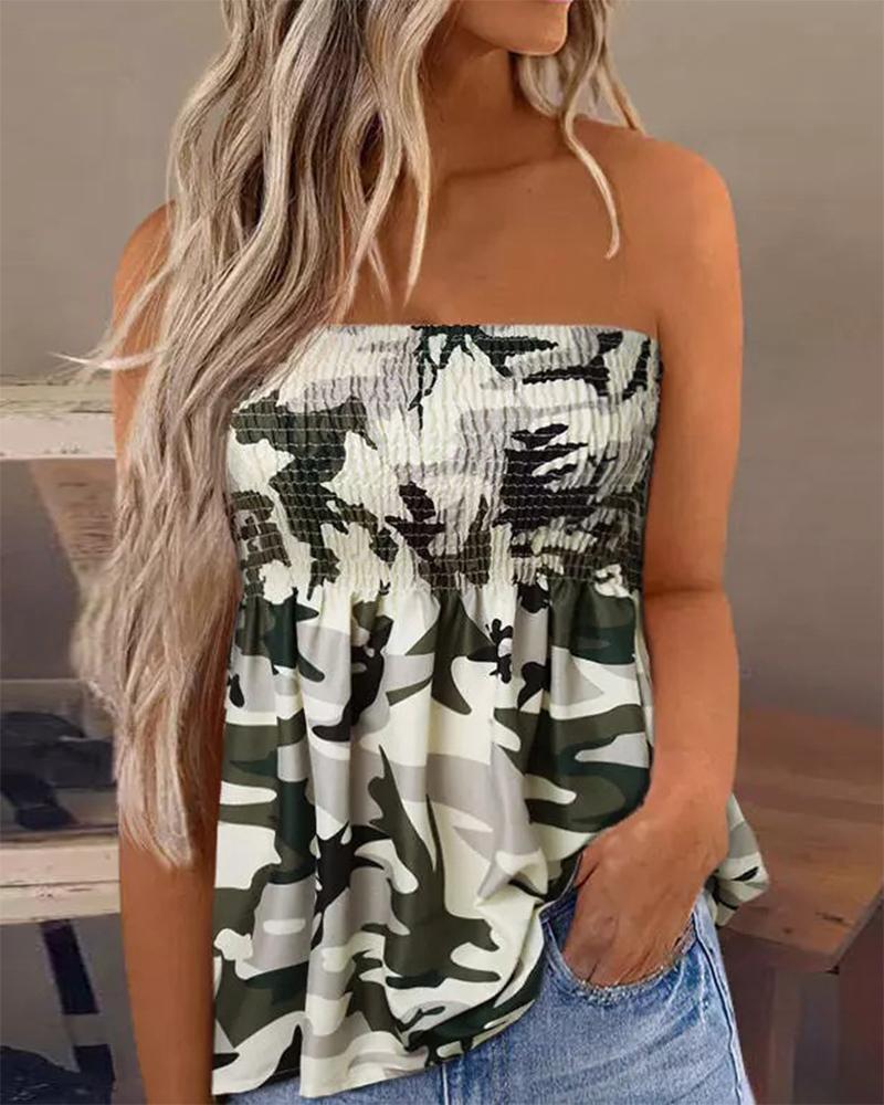 

Shirred Camouflage Print Bandeau Tank Top, Army green