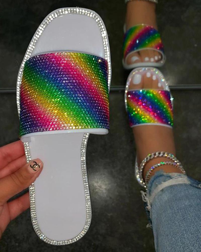 

Square-toe Multicolor Rhinestone PU Leather Flat Slippers, White