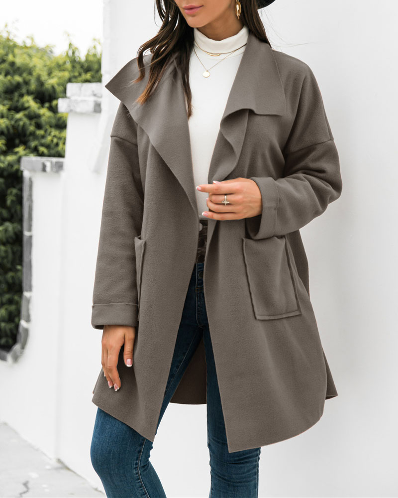 

Long Sleeve Patch Pocket Waterfall Open Front Trench Coat, Army green