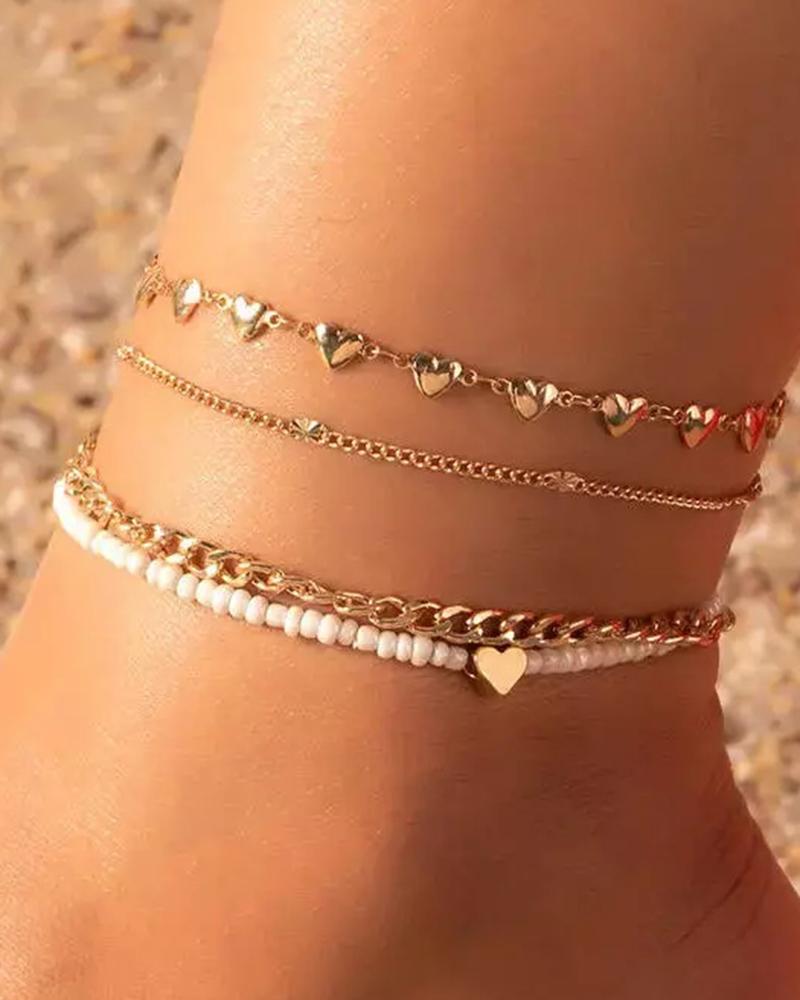 

4pcs Heart Pattern Beaded Chain Anklets Set, Gold