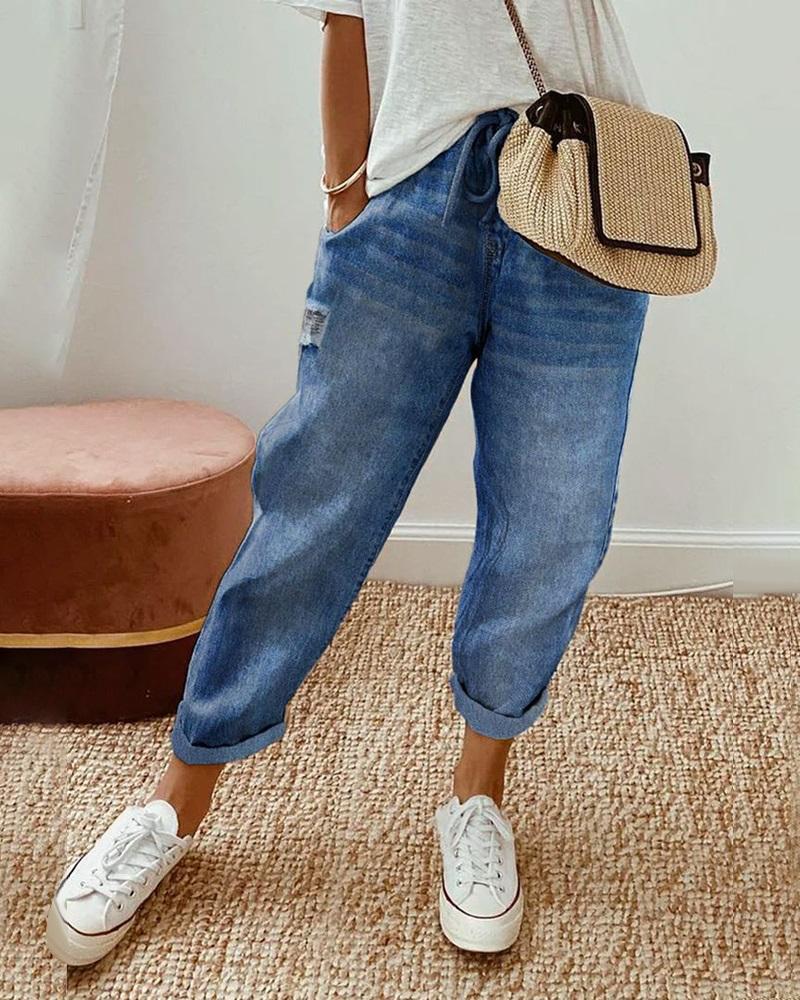 

Pocket Design Drawstring Causal Jeans, Dark blue