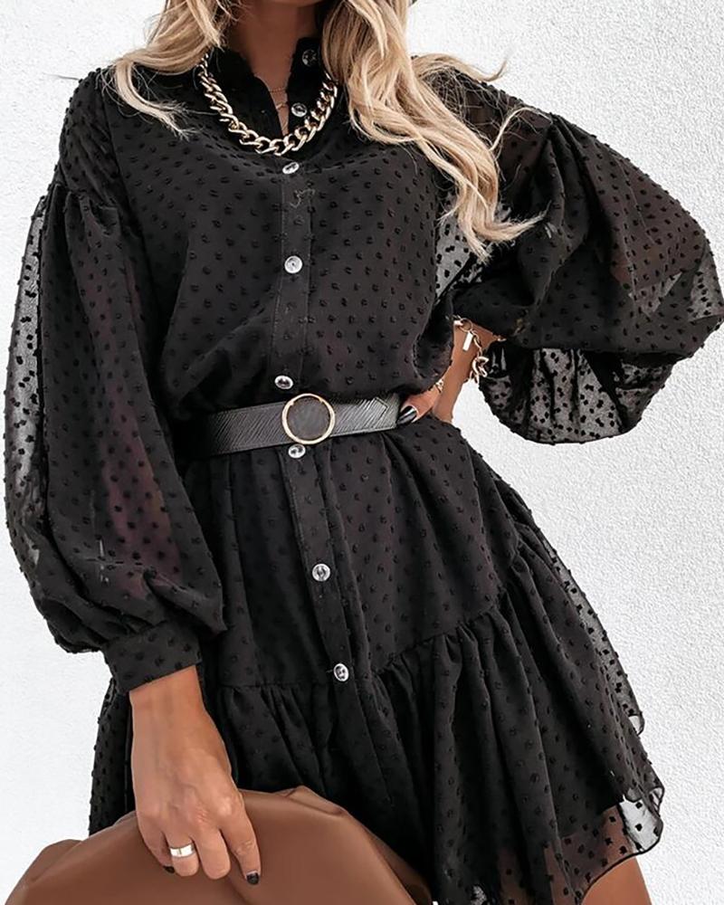 Dot Mesh Lantern Sleeve Button Front Casual Dress