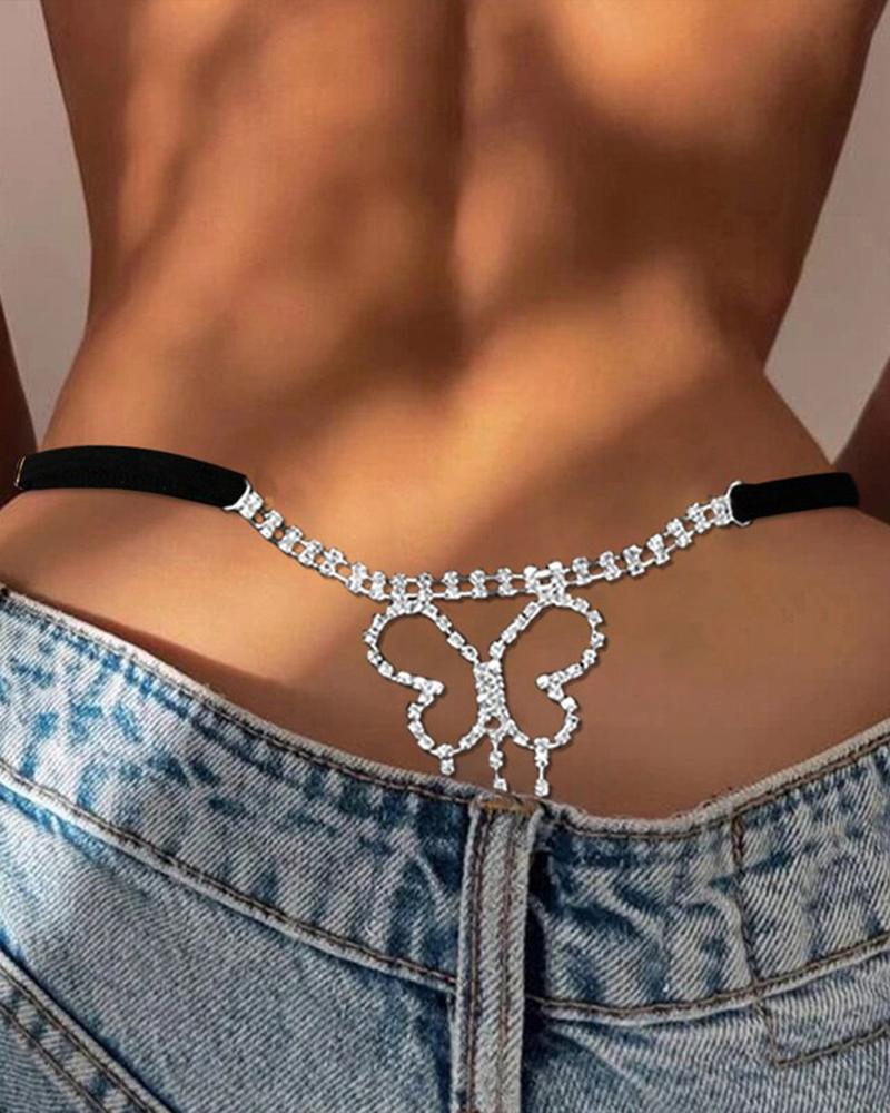 

1pc Rhinestone Butterfly Chain Decor Hollow Out Thong Panty, Silver