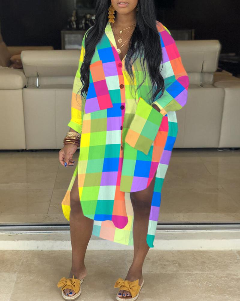 

Plaid Print Colorblock Pocket Design Dip Hem Shirt Dress, Multicolor