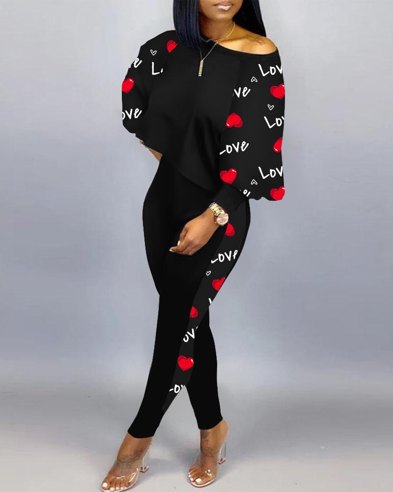 

Valentine' Day Love Heart Print Top & Pants Set, Black