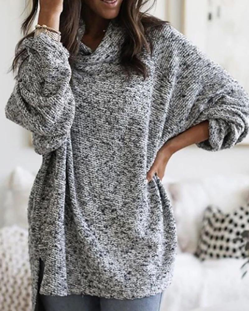 

High Neck Long Sleeve Slit Casual Sweater, Gray