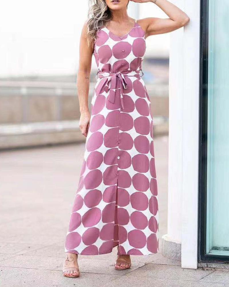 

Dot Print U-Neck Sleeveless Straight Long Dress, Pink