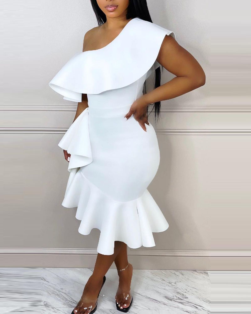 

Cold Shoulder Ruffle Hem Mermaid Party Dress, White