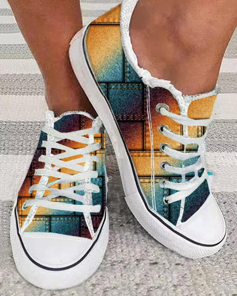 

Denim Look Print Rainbow Ombre Raw Hem Canvas Sneakers, Multicolor