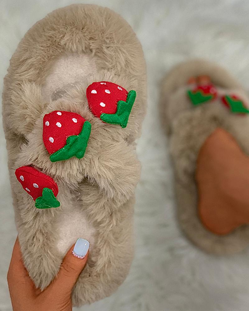 

Strawberry Pattern Crisscross Fluffy Slippers, Khaki