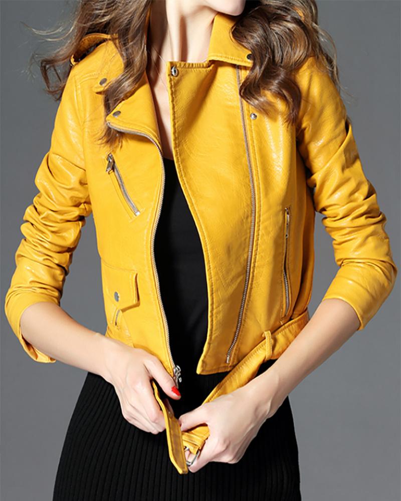 

Zip Front PU Leather Eyelet Buckled Crop Biker Jacket, Yellow