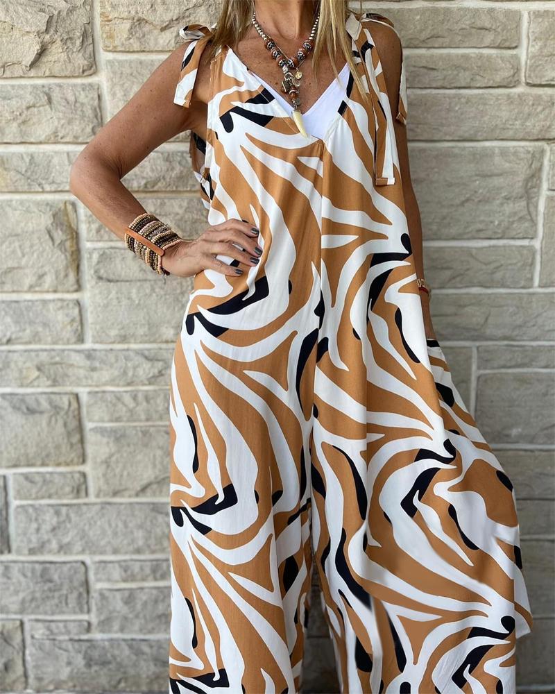 

Zebra Stripe Print Plunge Tied Detail Jumpsuit, Khaki