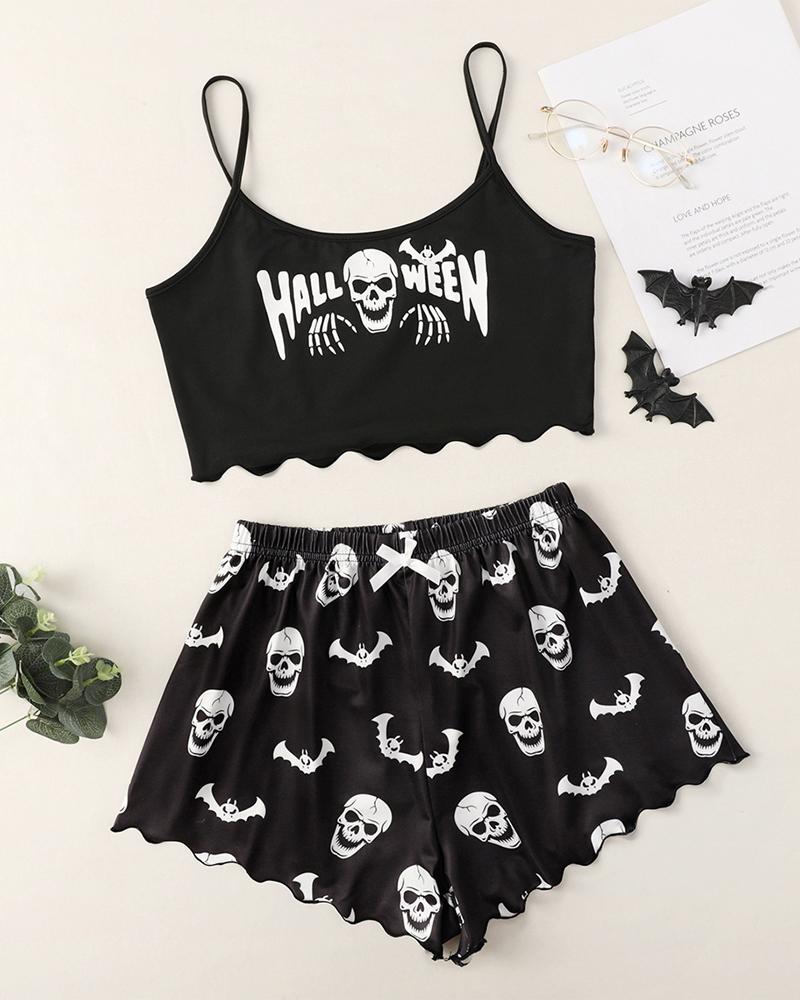 

Skull Bat Print Bow Decor Cami Set, Black