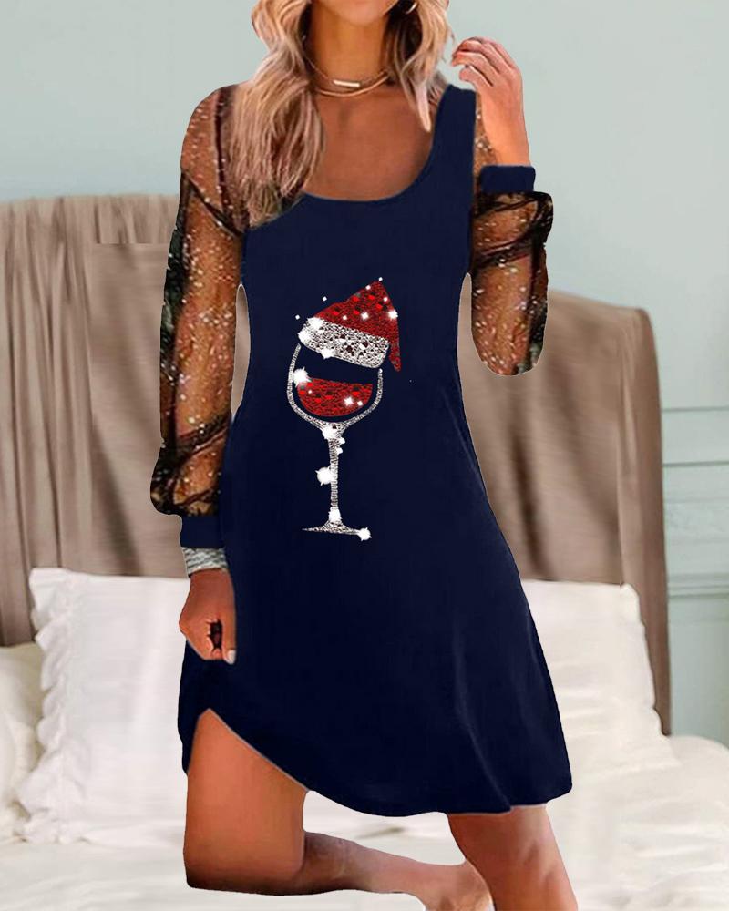 

Christmas Wine Glass Print Contrast Mesh Casual Dress, Dark blue