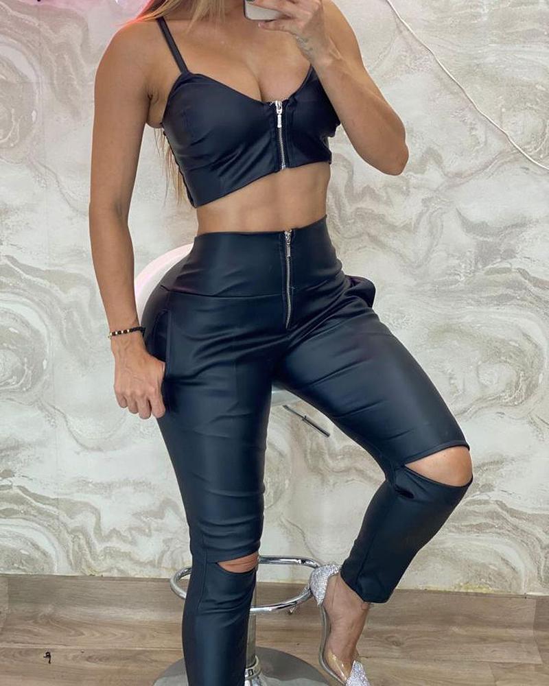 

PU Leather Zip Front Crop Top & Cutout Pants Set, Black