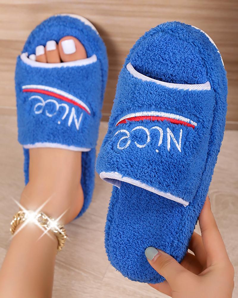 

Fuzzy Letter Pattern Platform Slippers, Blue