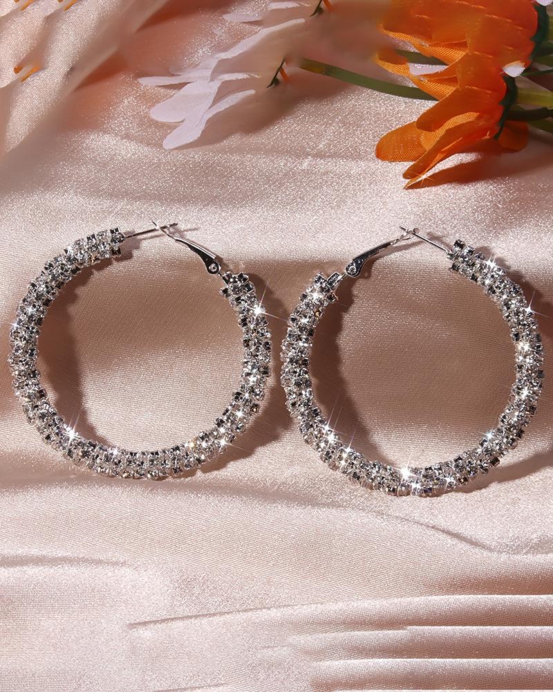 

1Pair Silver Plated Large Full Rhinestone Hoop Earrings